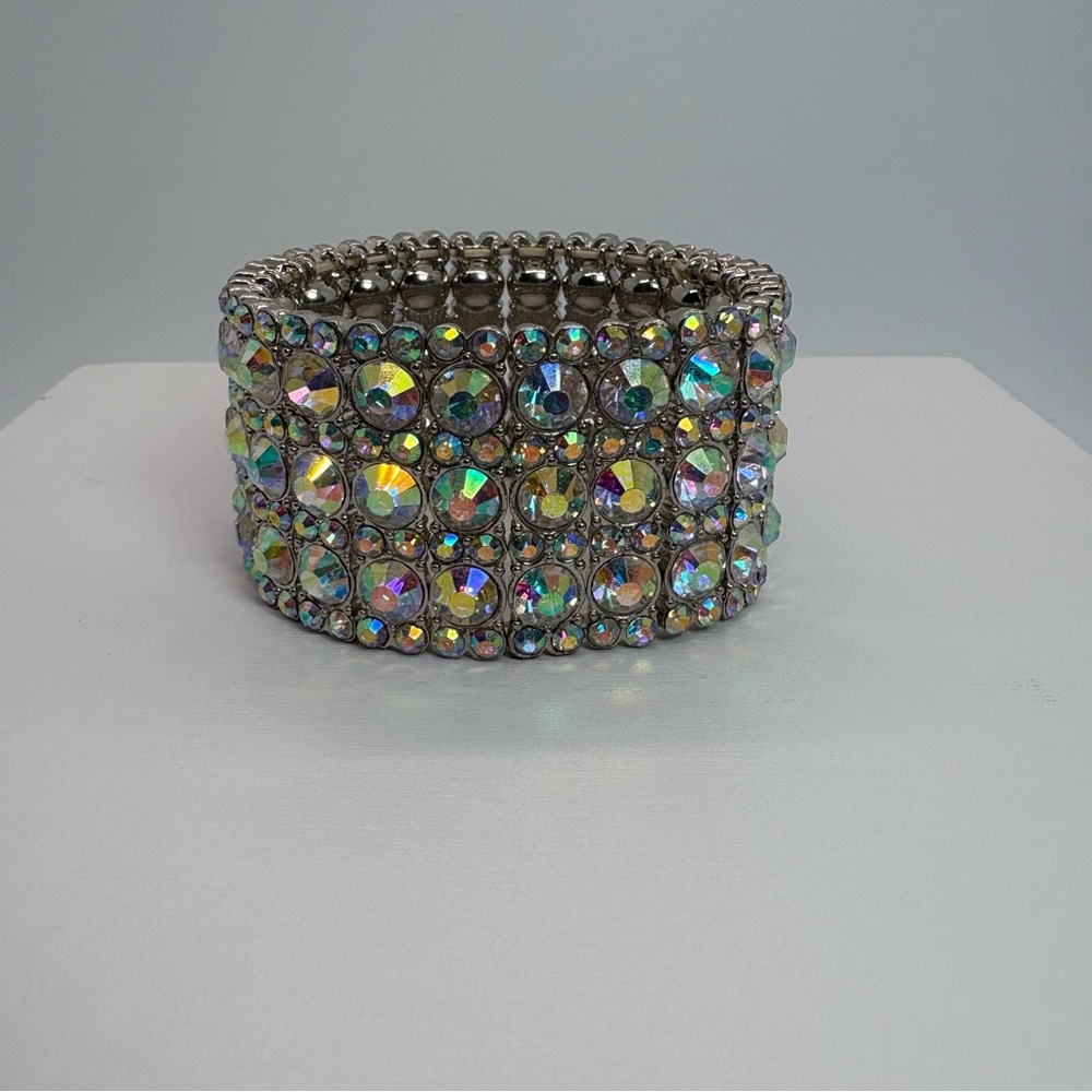 Wide AB Crystal Round Stretch Bracelet in Silver Tone, Brand New